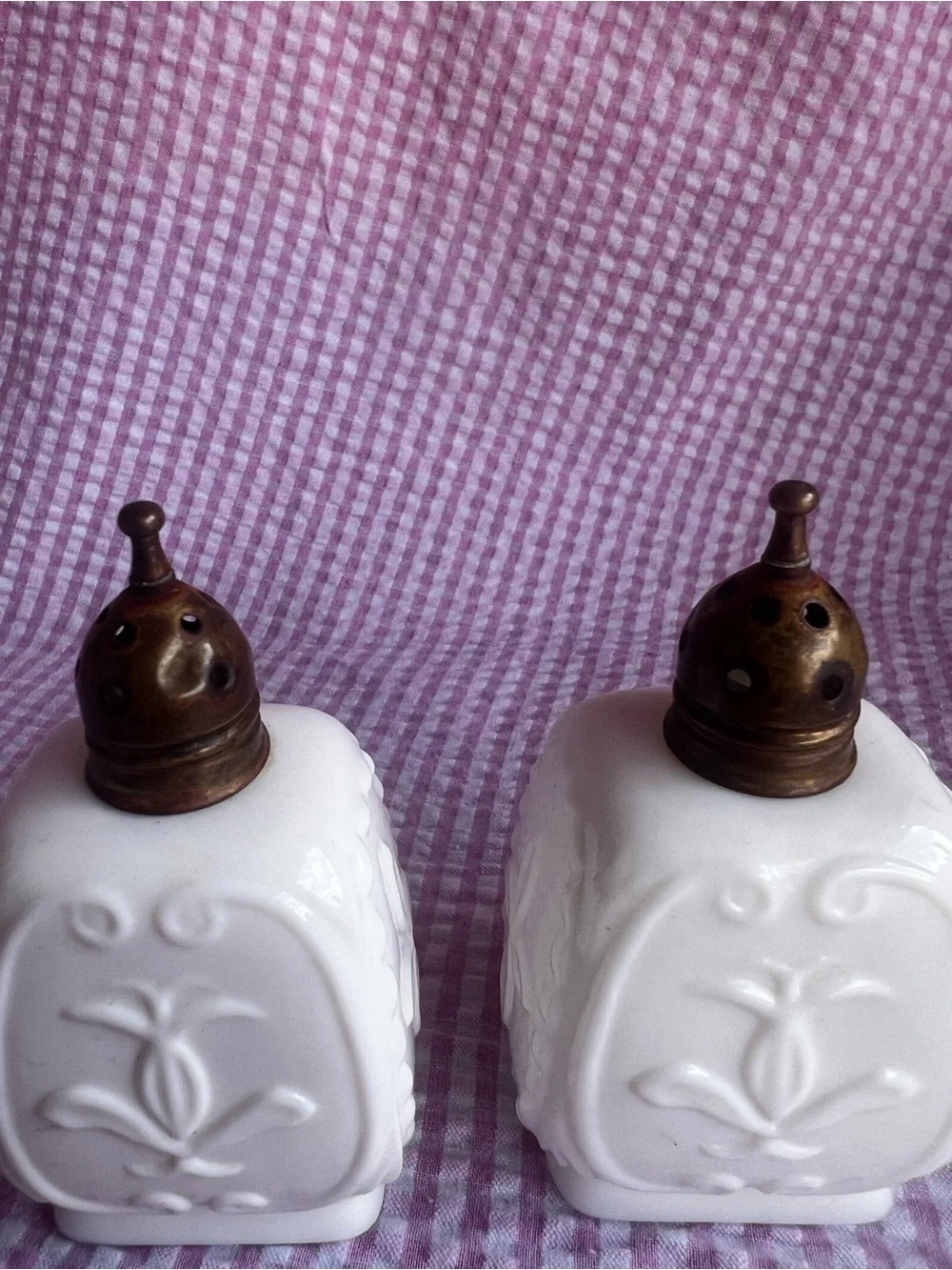Milk Glass Salt and Pepper Shaker Set with Brass Tops